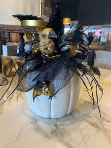 White Ceramic Pumpkin with Witches Hat