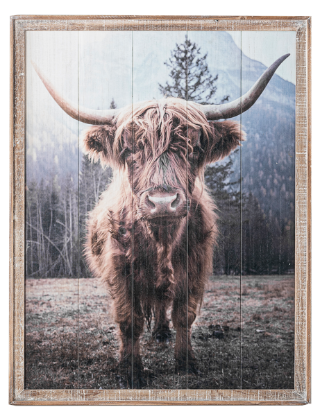 Highlander Cow with Mountain Wall Decor in Barnwood Frame-CB182520