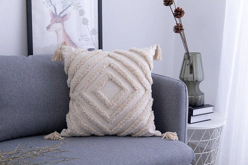 Cream Moroccon Tassels Cushion Cover - GoldenLadderInteriors