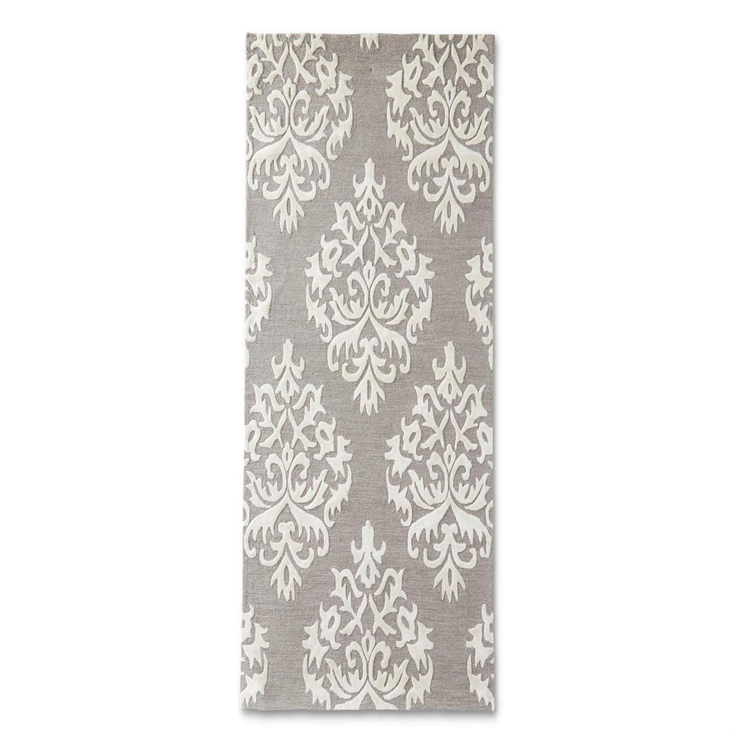 Grey with Cream Damask Hand Tufted Rug Runner