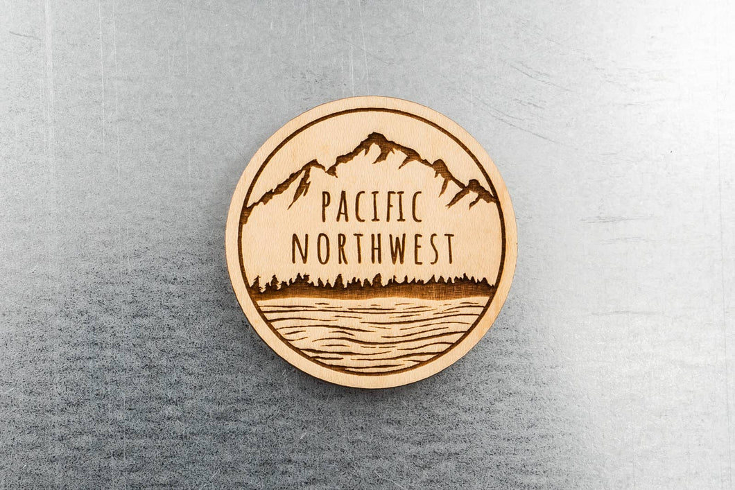 Pacific Northwest Mountains and Waves Wood Magnet