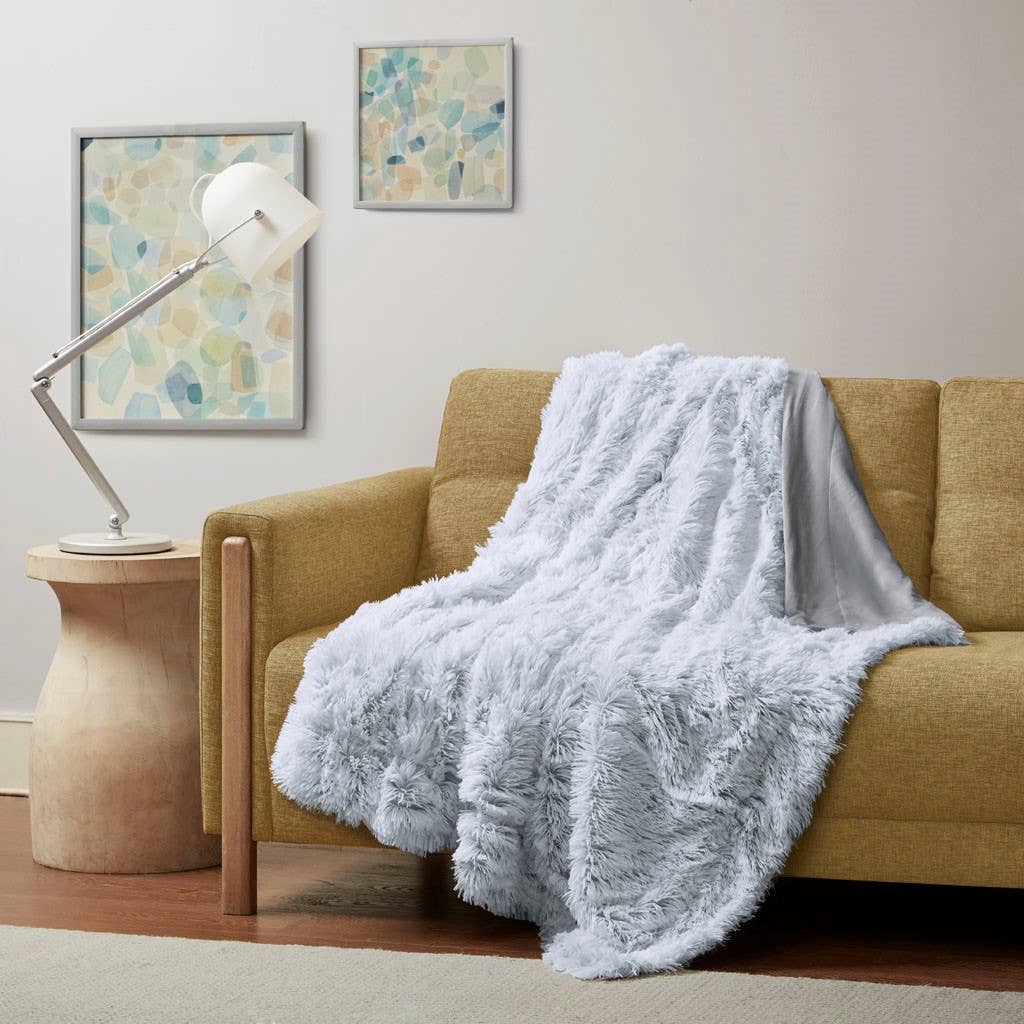 Grey Shaggy Faux Fur Throw