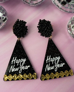 Black Happy New Years Party Hat Earrings