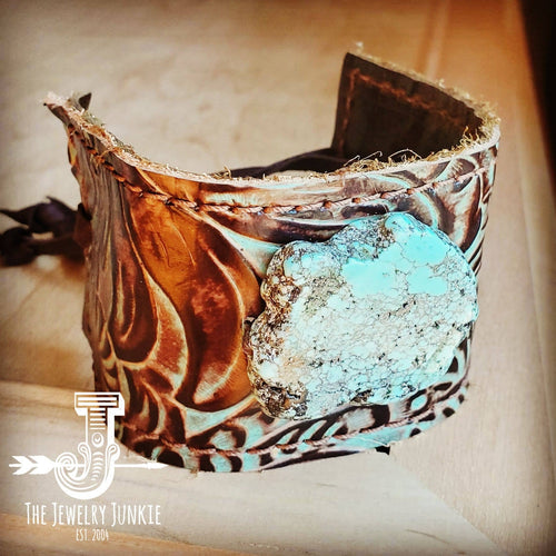 Leather Cuff With Tie-turquoise Brown Floral - GoldenLadderInteriors