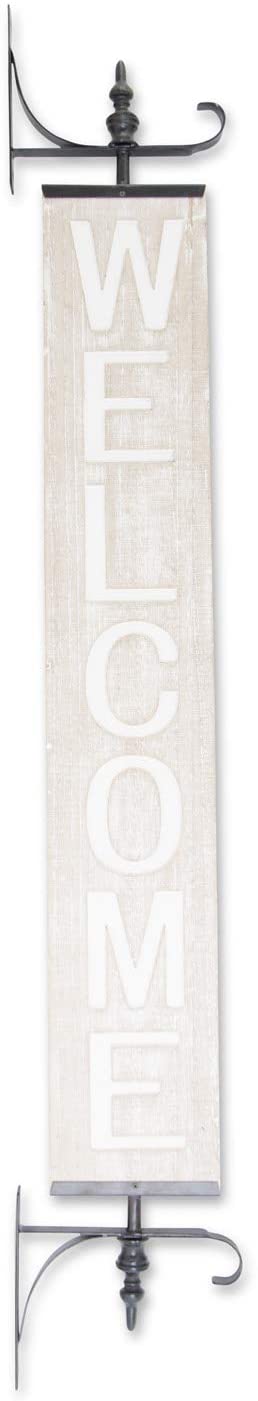 White Wash Vertical Welcome Sign on Black Metal Bracket