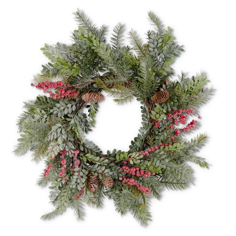Glittered Boxwood Berry Pinecone Wreath - 54551C