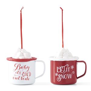 Metal Hot Coco Mug Ornaments w/Glitter Marshmellows-55268A