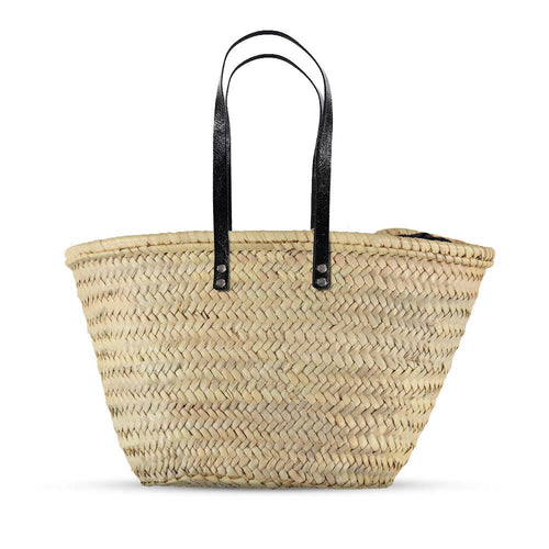French Market Basket with leather straps, Moroccan Straw bag - GoldenLadderInteriors