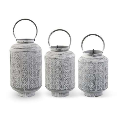 Whitewash Medallion Punched Metal Lanterns - 17049B