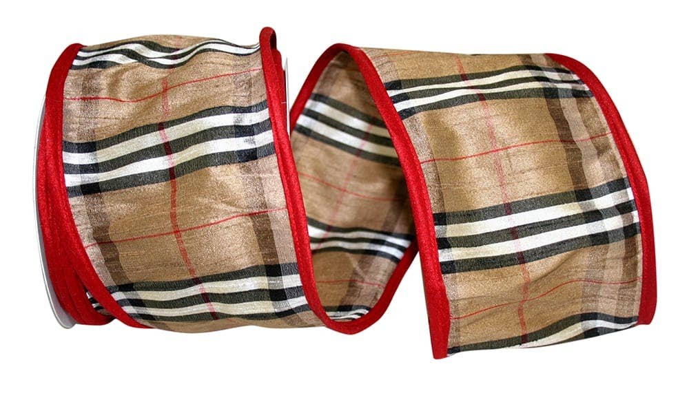 4 inch Burbank Plaid Border Wired Edge  - Brown 092