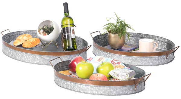 Galvanized Metal Oval Serving Tray With Handles