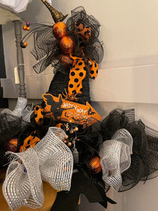 Hanging  Orange and Black Halloween Witch w/ ribbon