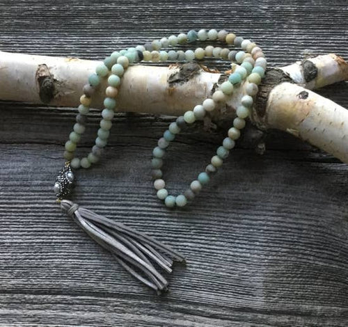 Necklace amazonite Grey leather tassel - GoldenLadderInteriors