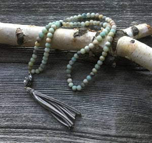 Necklace amazonite Grey leather tassel - GoldenLadderInteriors