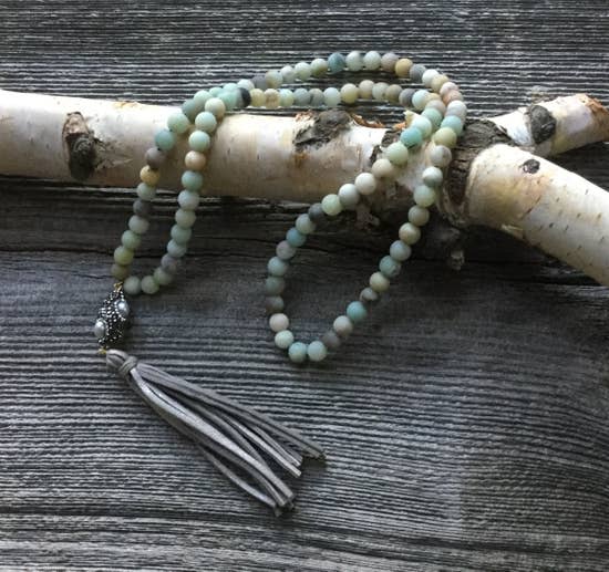 Necklace amazonite Grey leather tassel - GoldenLadderInteriors