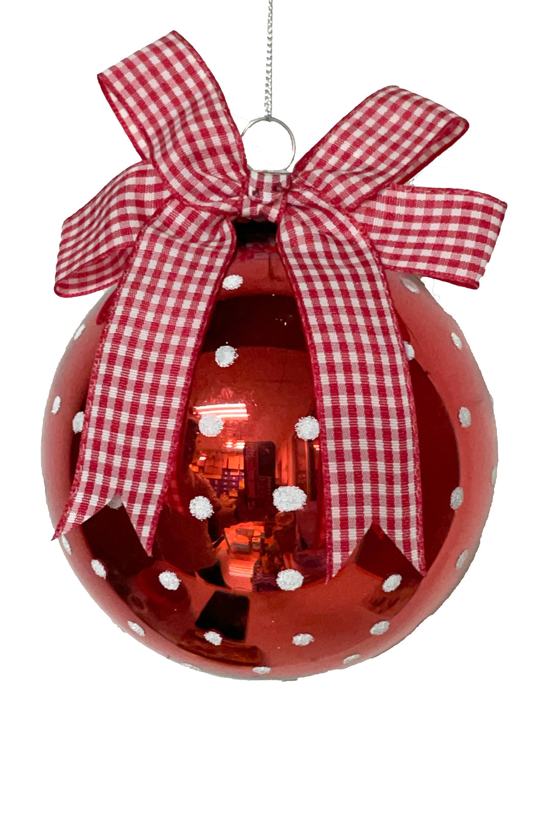 Red/White Hanging Spotted Glass Ball Ornament with Ribbon