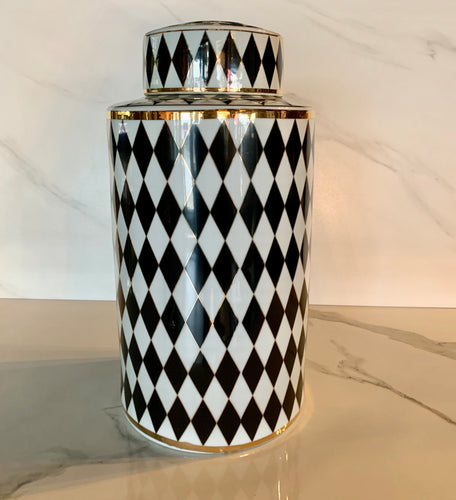 Vase, Black & White Harlequin Jar with Lid - GoldenLadderInteriors