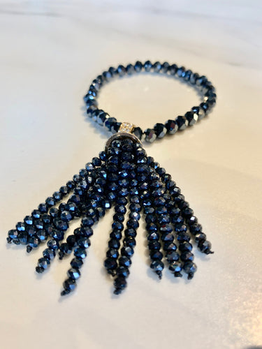 Navy Cut Glass with Aurora Borealis Stretch Bracelet with Beaded Tassel - GoldenLadderInteriors