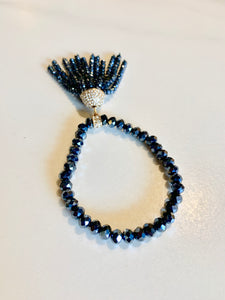 Navy Cut Glass with Aurora Borealis Stretch Bracelet with Beaded Tassel - GoldenLadderInteriors