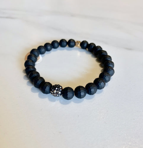 Matte Black Stretch Bracelet with 1 Gold Accent Bead and 1 Crystal Pave Bead - GoldenLadderInteriors
