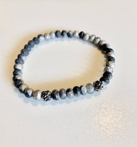 Matte Black and Gray/Silver Faceted Beads with Black Pave Crystal Beads Stretch Bracelet - GoldenLadderInteriors