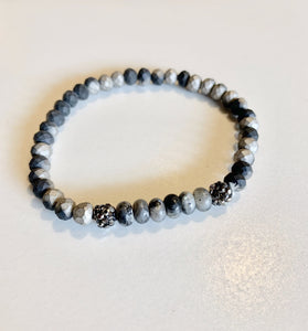 Matte Black and Gray/Silver Faceted Beads with Black Pave Crystal Beads Stretch Bracelet - GoldenLadderInteriors
