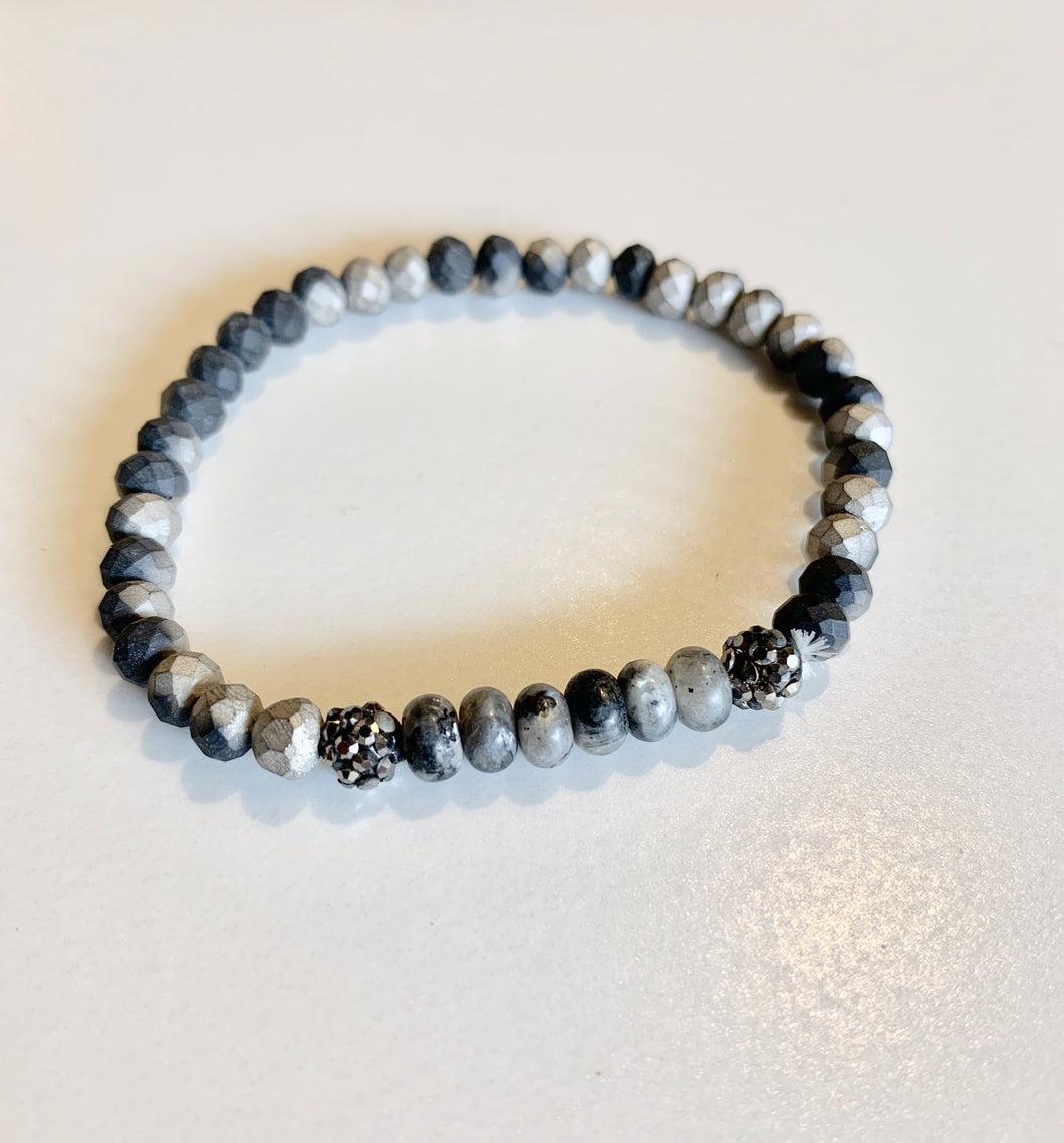 Matte Black and Gray/Silver Faceted Beads with Black Pave Crystal Beads Stretch Bracelet - GoldenLadderInteriors