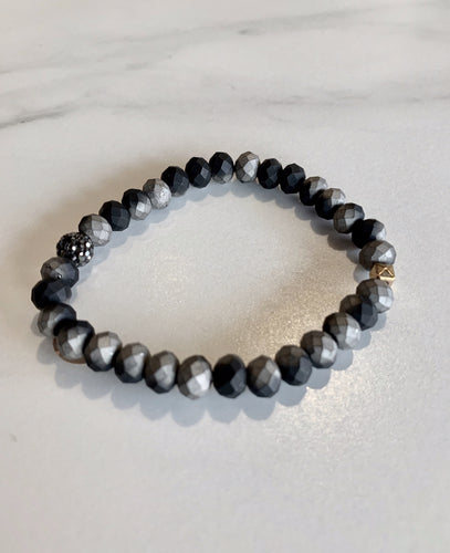 Matte Black and Silver Bracelet with 1 Gold Accent Bead and 1 Crystal Pave Bead - GoldenLadderInteriors