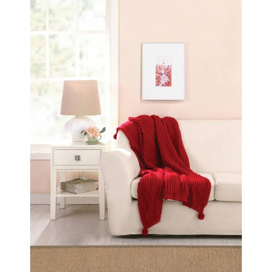 Cable Knit Throw Blanket With Poms - GoldenLadderInteriors