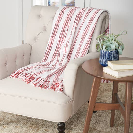 Red, White Striped  Woven Cotton Throw - GoldenLadderInteriors
